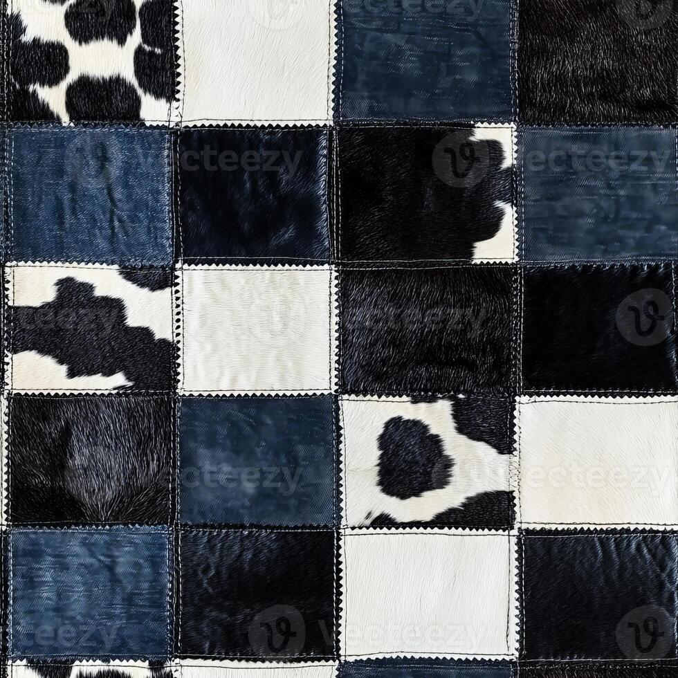 This bold and eyecatching cow print patchwork artwork makes use of vibrant blues, deep blacks, and crisp white denim, resulting in a stylish textile that is ideal for modern urban fashion trends photo