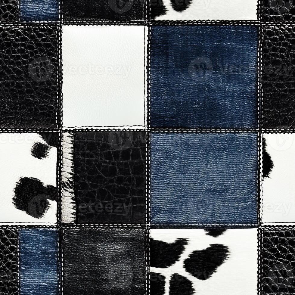 This blend features an innovative mix of denim and cow print fabric in a captivating patchwork design, perfect for modern apparel and creative fashion projects, making it trendy and versatile photo
