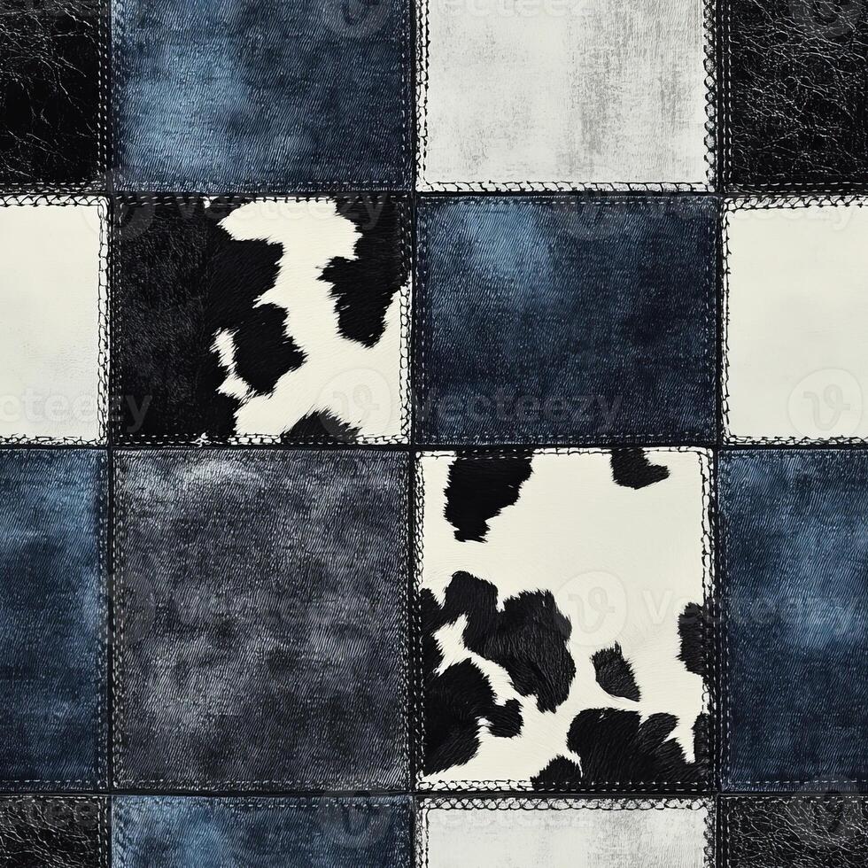 This design features a unique and eyecatching blend of cow print and denim, presented in a stylish patchwork design that is simply perfect for contemporary apparel and innovative creative projects photo