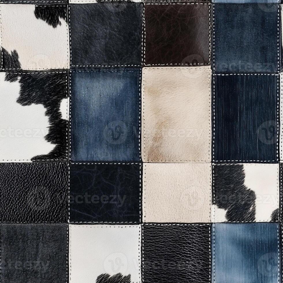 This vibrant patchwork fabric artfully combines classic cow print with modern denim in a stylish and unique design, making it perfect for a wide range of apparel and imaginative sewing projects photo