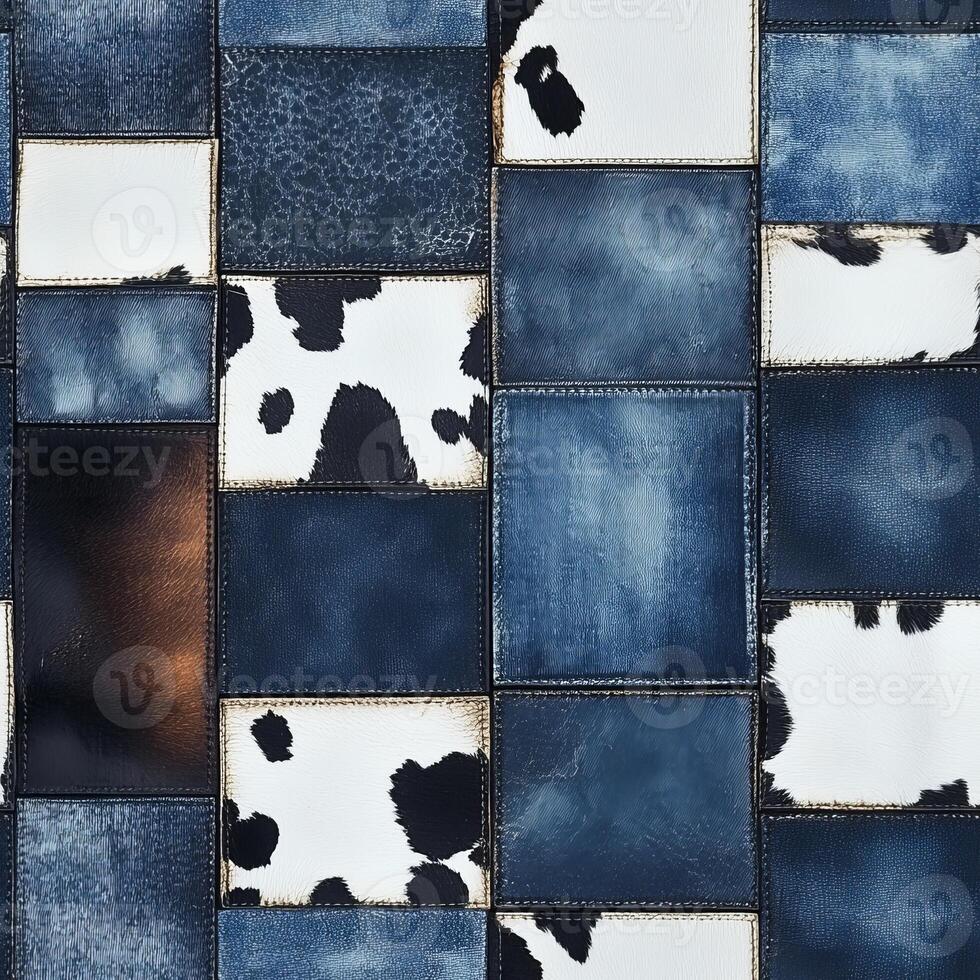 This unique patchwork design combines denim and cowhide prints, making it perfect for contemporary fashion trends and any creative projects you might embark on, ensuring versatility and style photo