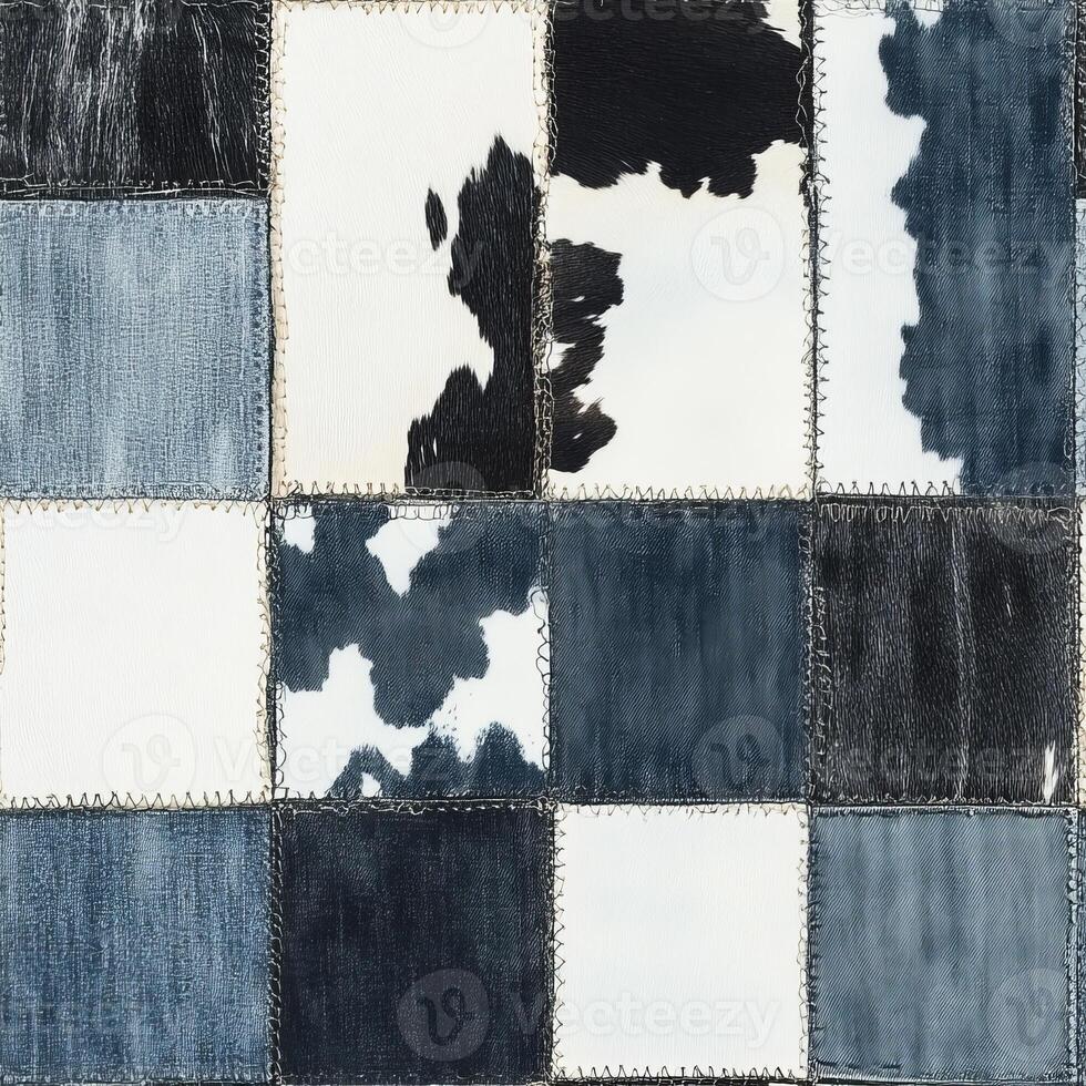 This unique patchwork fabric combines blue, black, and white cow patterns in highquality denim, ideal for contemporary fashion designs and innovative apparel that stands out in any crowd photo