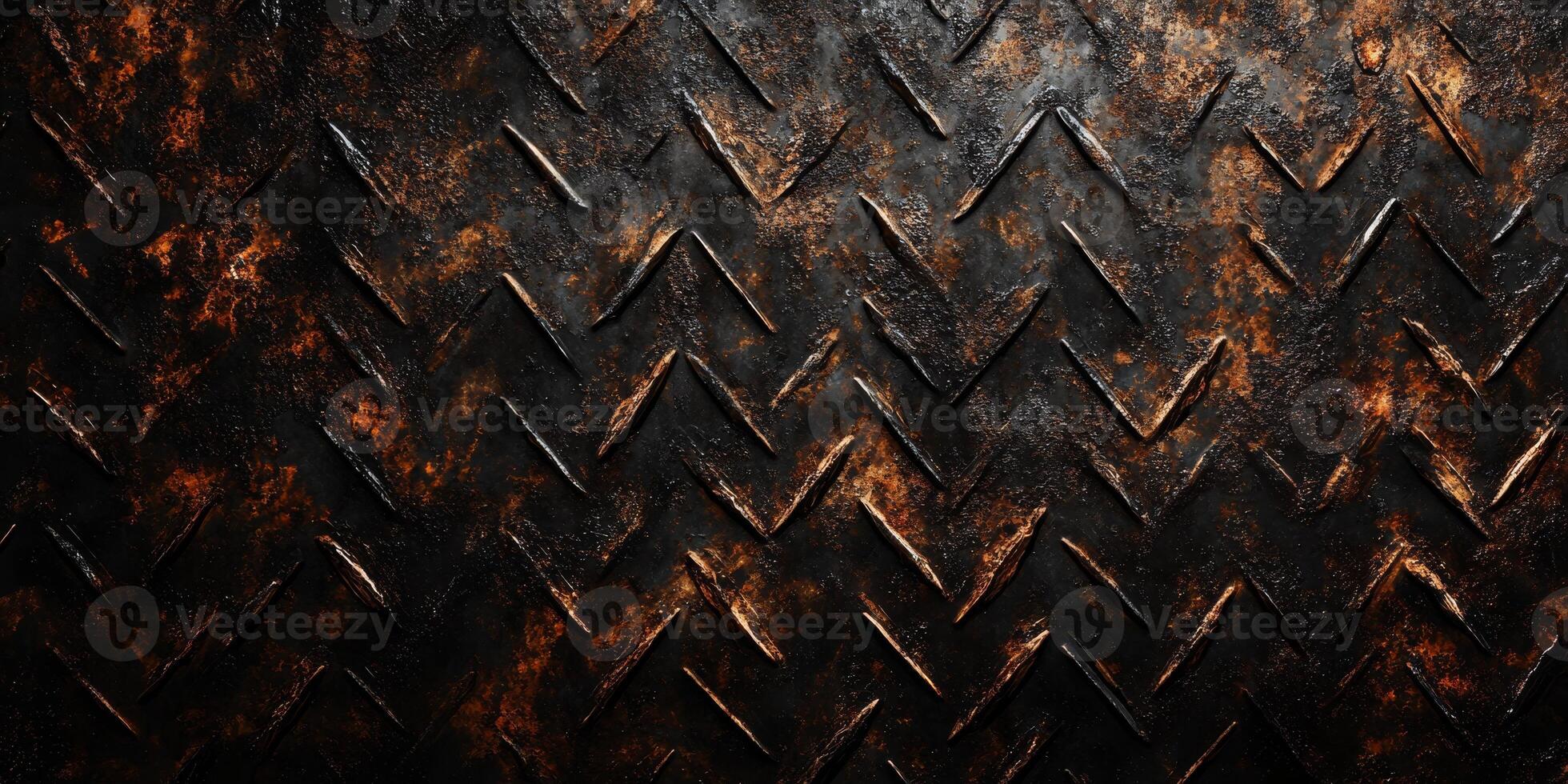 A closeup view of a dark, grungy diamond plate metal surface is presented here, showcasing a notably rough and textured pattern that would be perfect for a variety of industrial themes and settings photo
