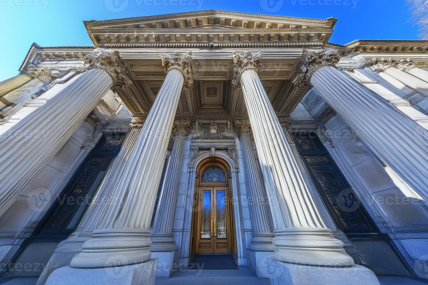 A stunning and majestic courthouse featuring towering pillars and an impressive grand entrance, beautifully embodying the principles of justice, authority, and civic pride in its architectural design photo