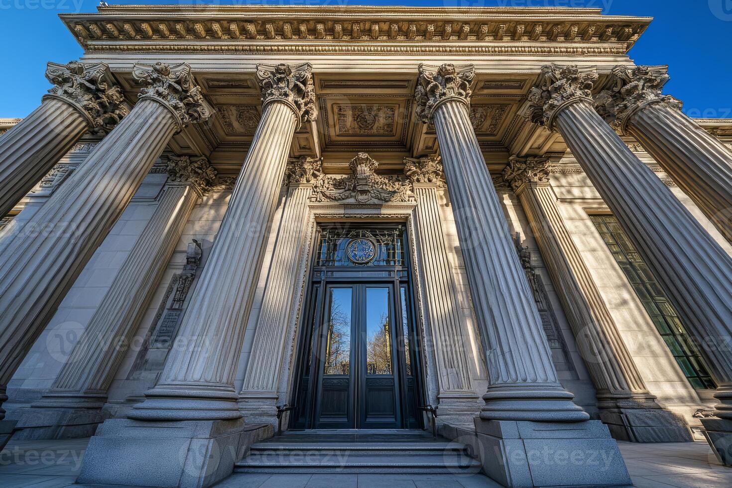 This stunning courthouse, with its towering pillars and grand entrance, symbolizes justice and power in urban architecture. It is a civic landmark embodying the citys cultural heritage and elegance photo