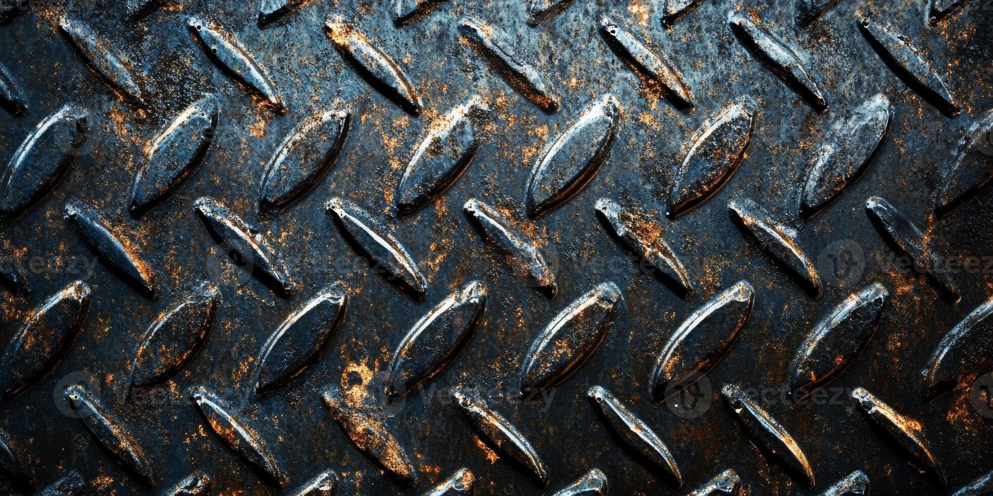 This closeup image shows a rough diamond plate metal surface, featuring an intricate industrial pattern with dark, rusty tones that enhance its overall captivating and appealing design photo