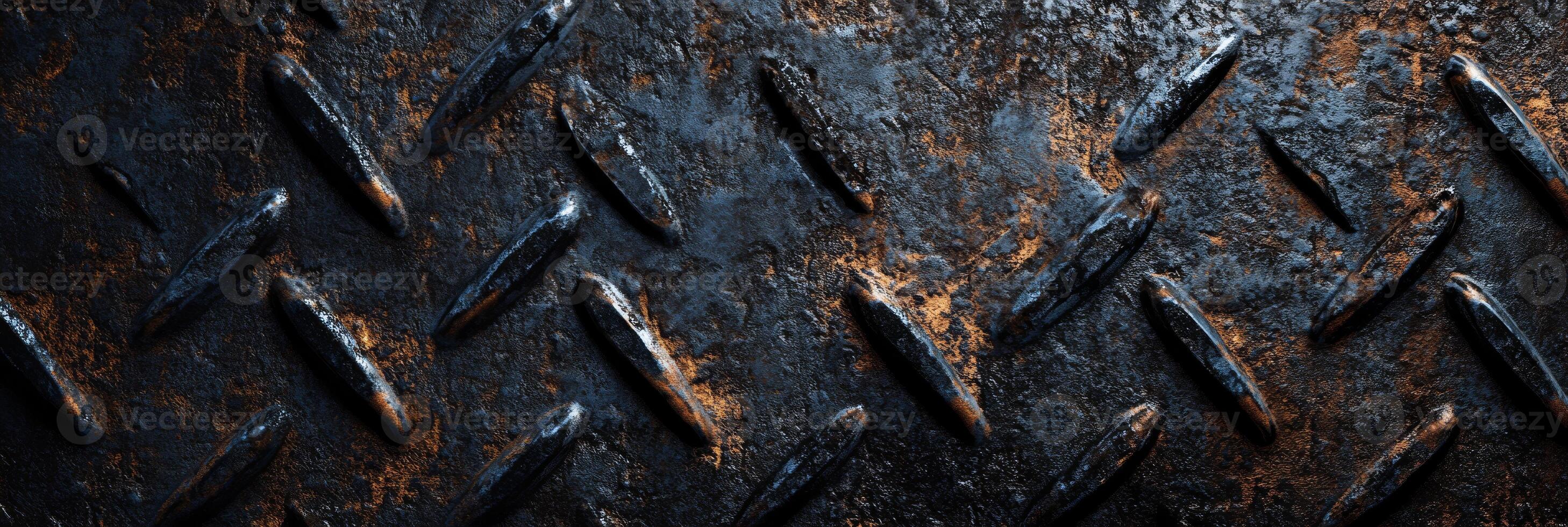 A closeup of dark, grungy diamond plate metal with a textured surface, showcasing rust, grime, and industrial strength photo