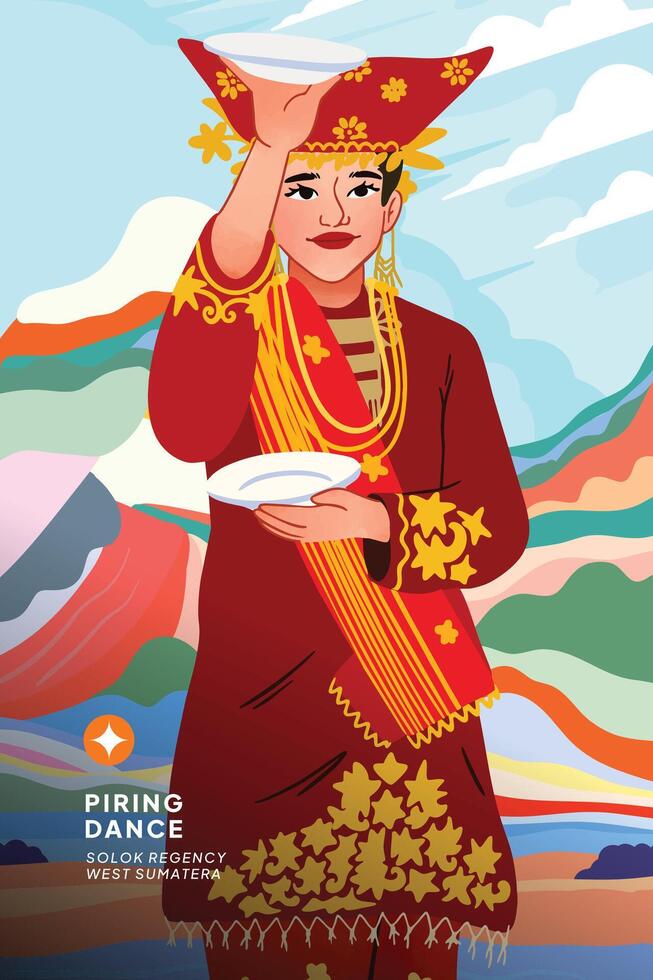Sumatera culture Piring dance attraction for tourism cell shaded style illustration vector