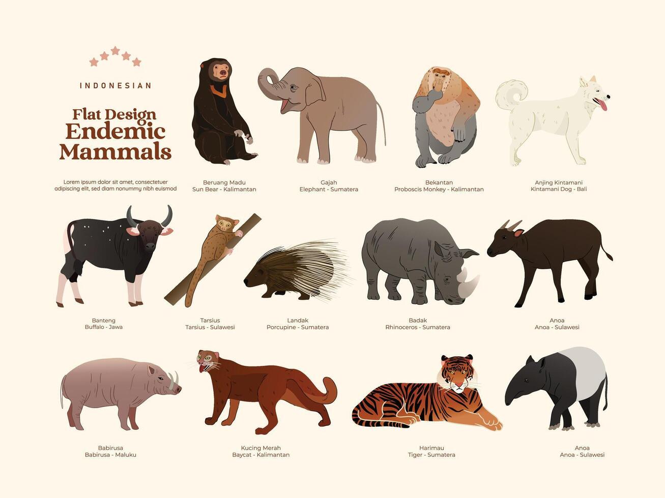 Flat design Isolated Indonesian endemic mammals illustration vector