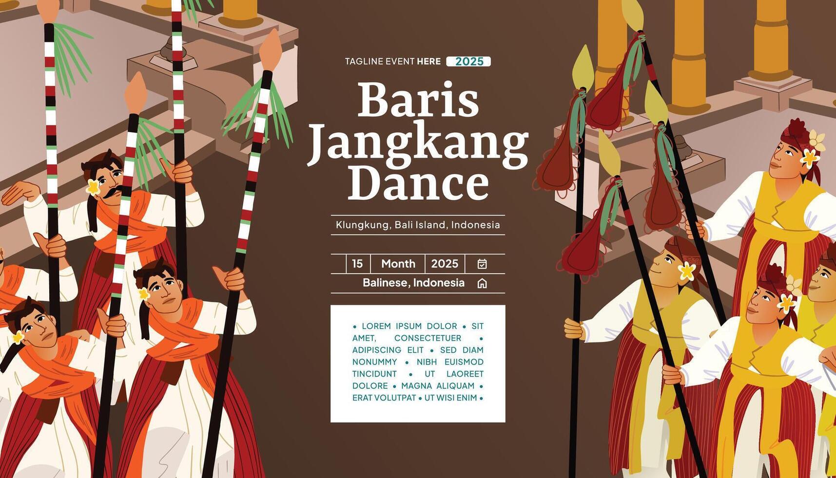 Baris Jangkang dance Flat design layout idea for tourism event Indonesian culture vector
