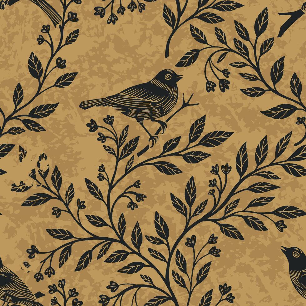 Vintage Birds on Branch Pattern vector