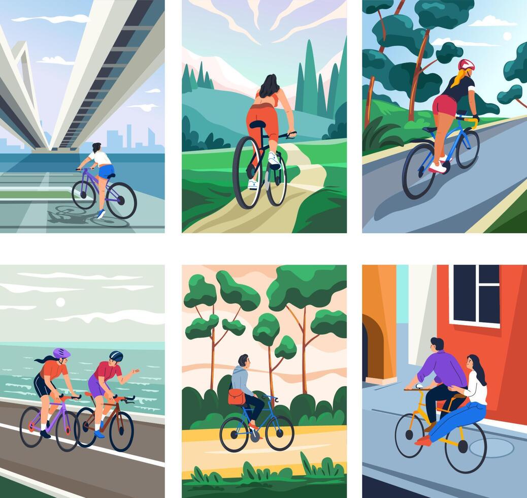 Various Cyclists on Different Paths vector