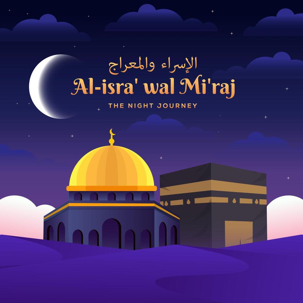 gradient isra miraj illustration design with al aqsa mosque and kaaba vector