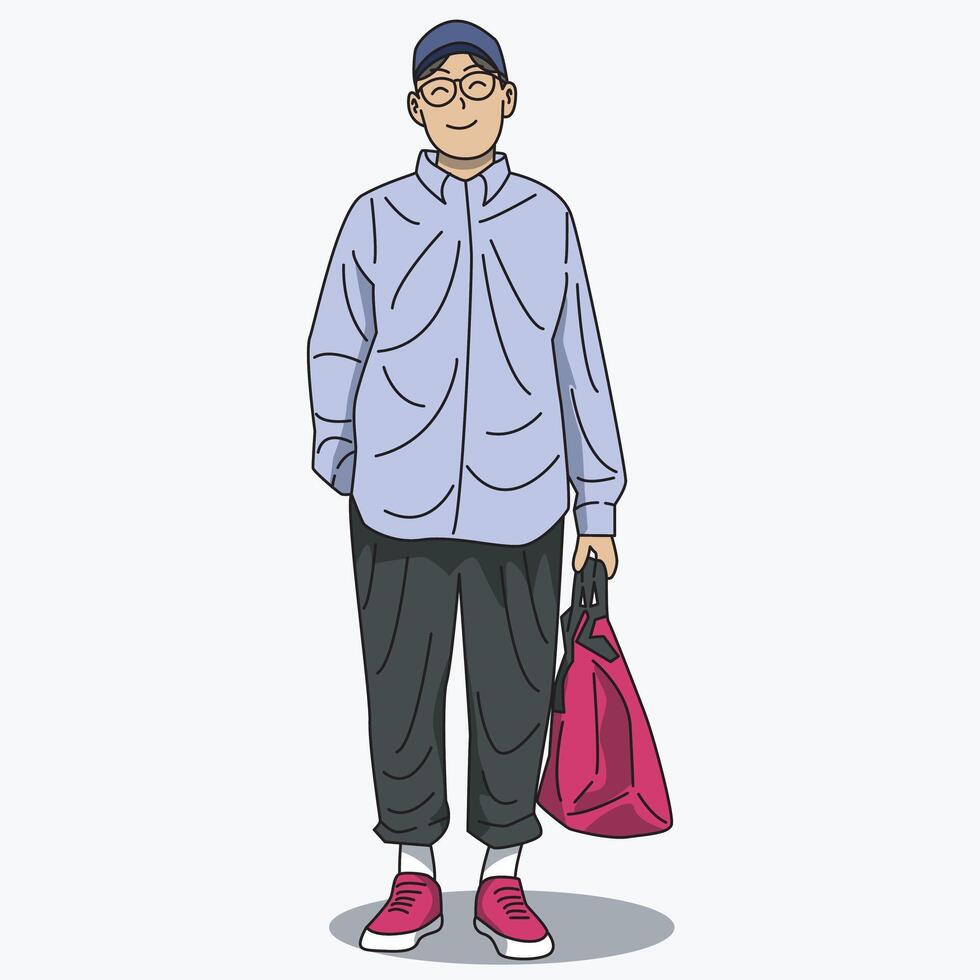 illustration of a man in casual style with a hat and carrying a bag vector