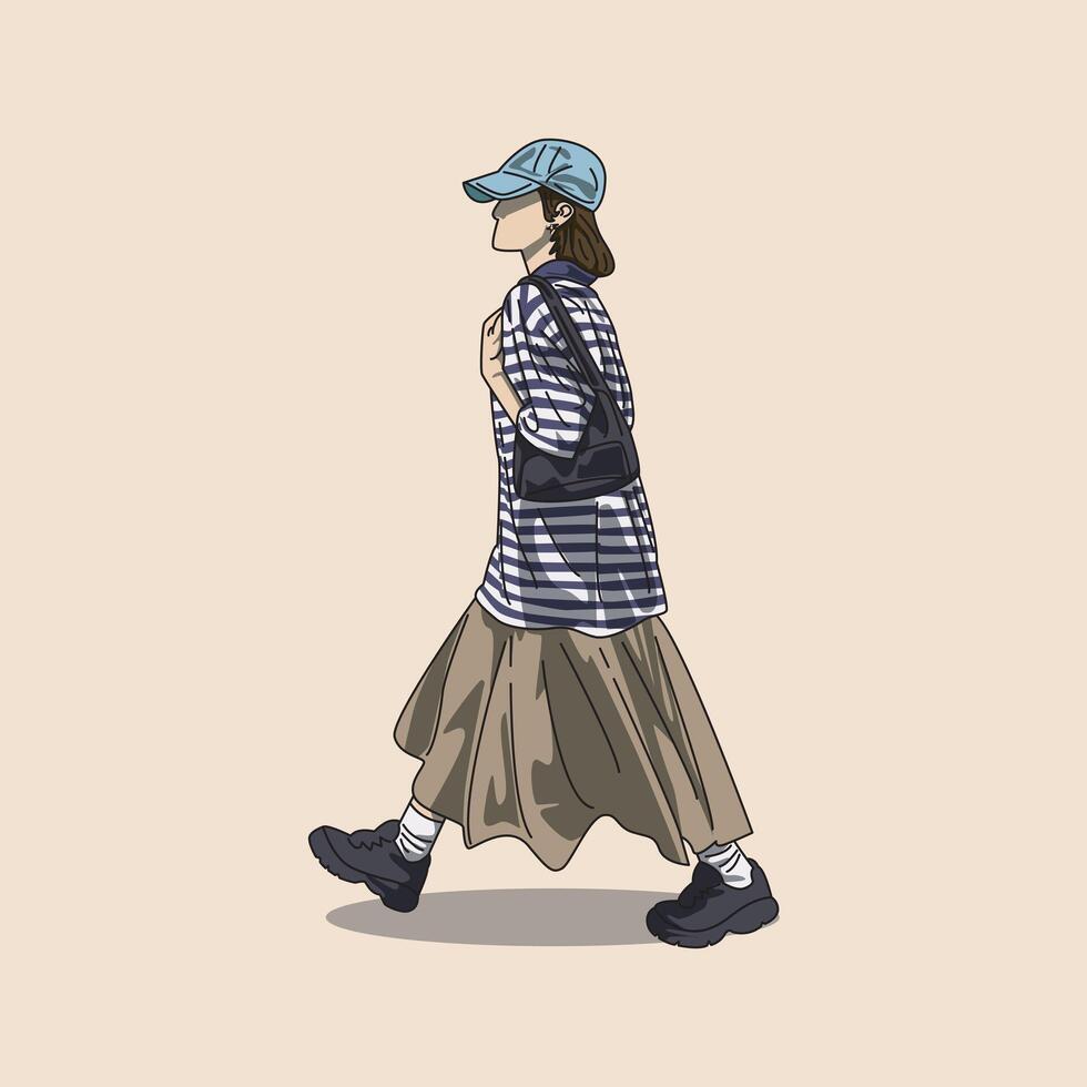 illustration of a girl walking in a relaxed and cool style vector