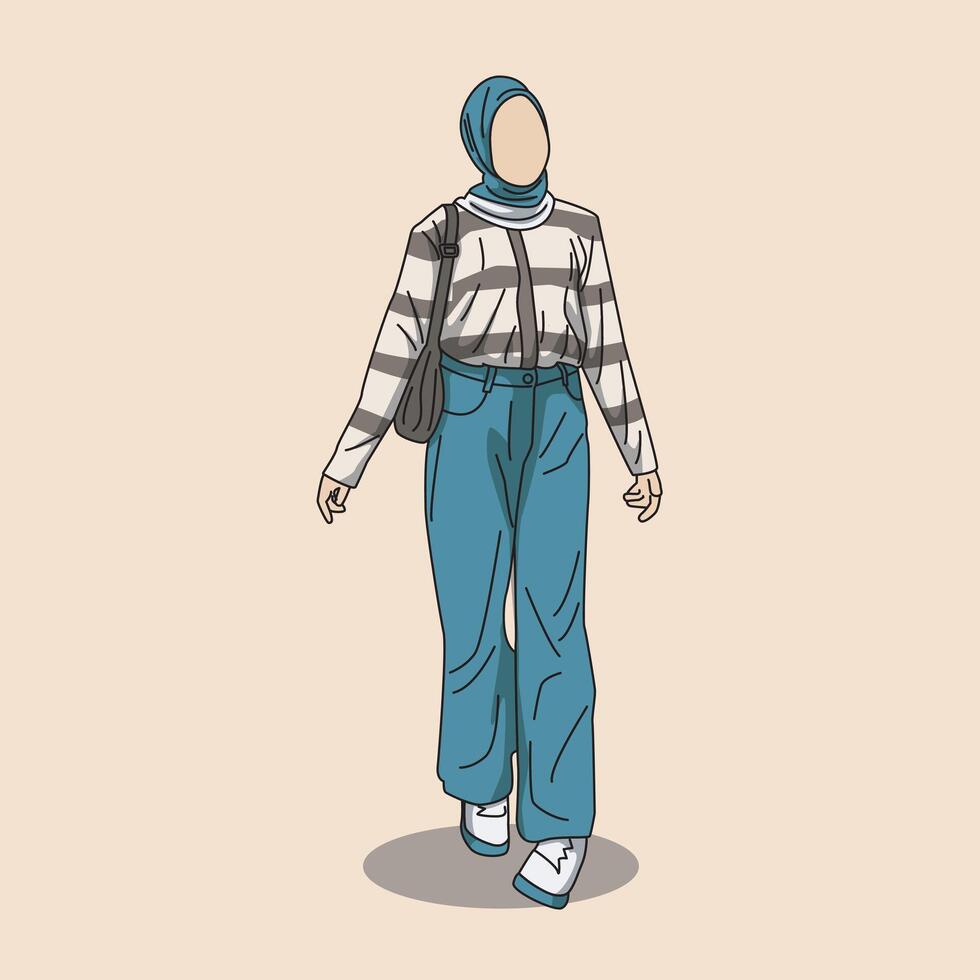 illustration of a girl walking in a relaxed and cool style vector