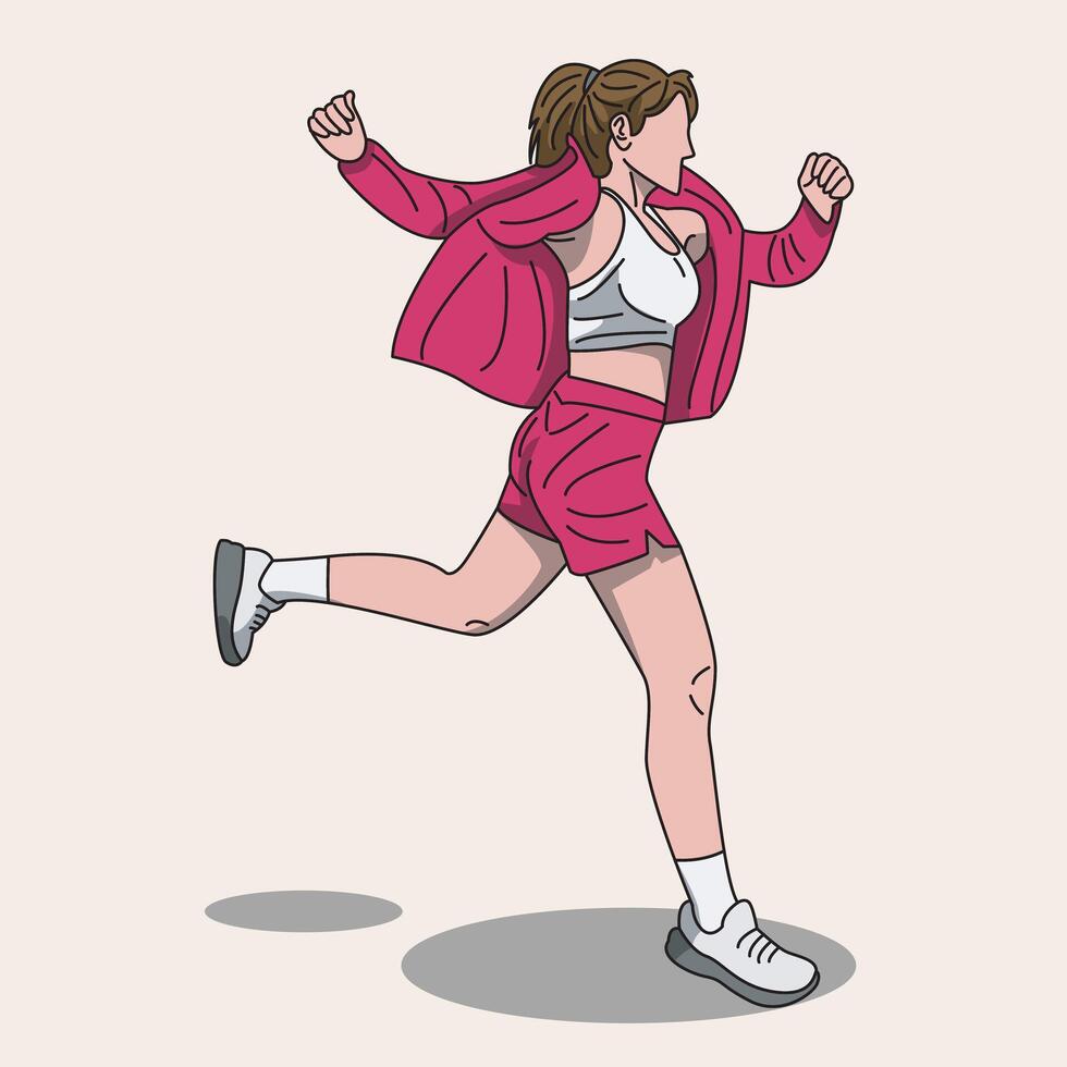 illustration of a girl running and jumping in sportswear in the form of a jacket and shorts vector