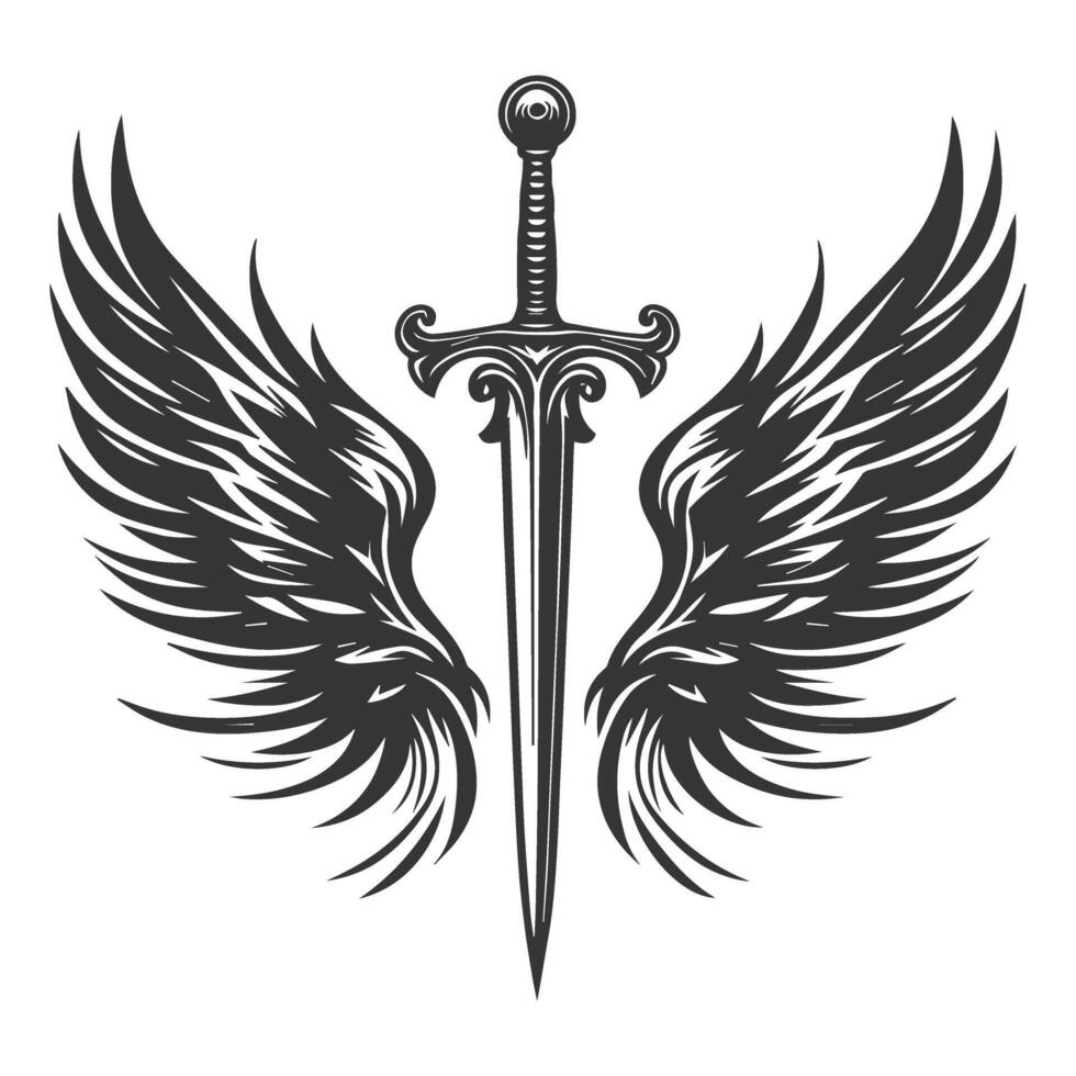 Sword with wings and sword in black and white vector