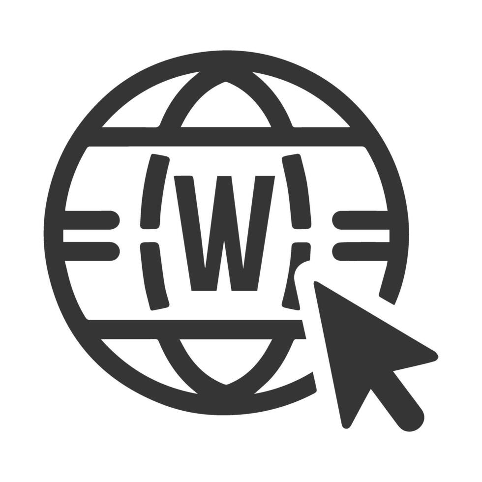 A black and white icon of a mouse cursor on a globe vector