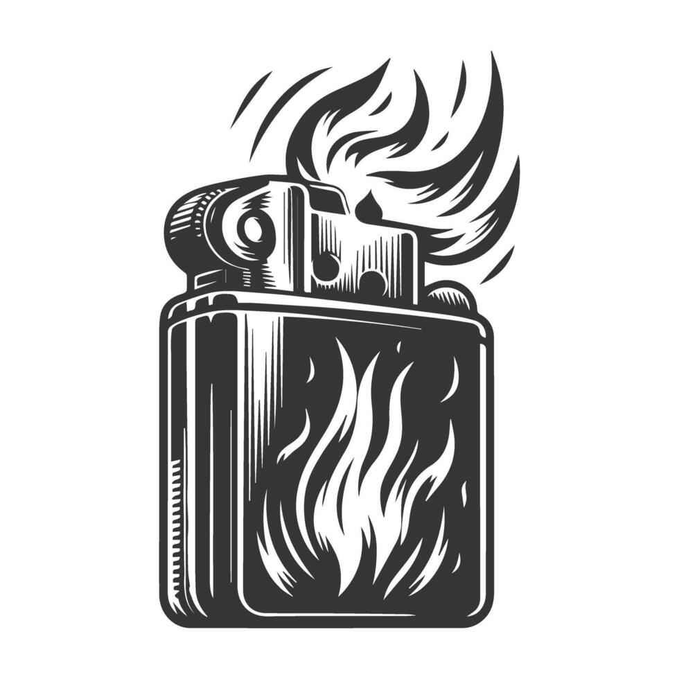A black and white drawing of a lighter with flames vector