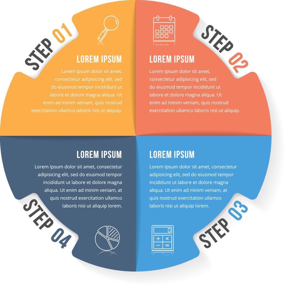 Circle infographic template with four elements, steps or options, workflow or process diagram vector