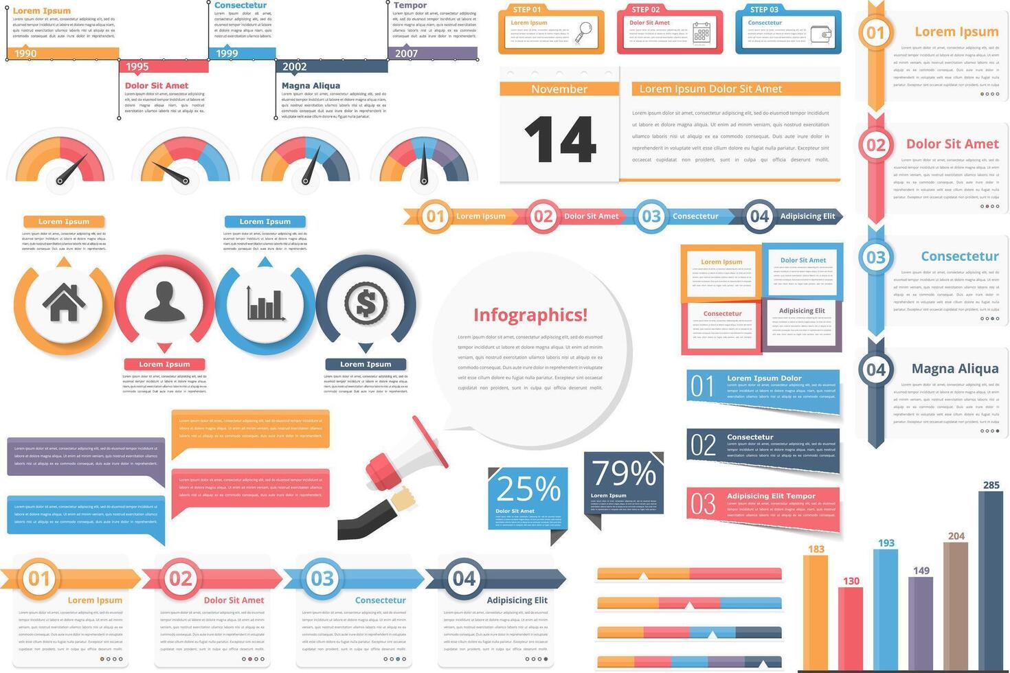 Infographic elements-timeline, process charts, workflow diagrams, steps, options, indocators, bar graph vector