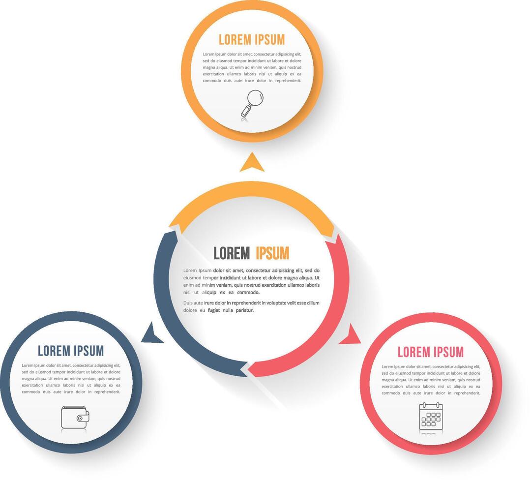 Circle infographic template with three elements, steps or options, workflow or process diagram, data vizualization vector