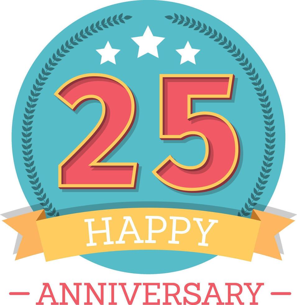 25 Years anniversary emblem with ribbon, stars and laurel wreath vector
