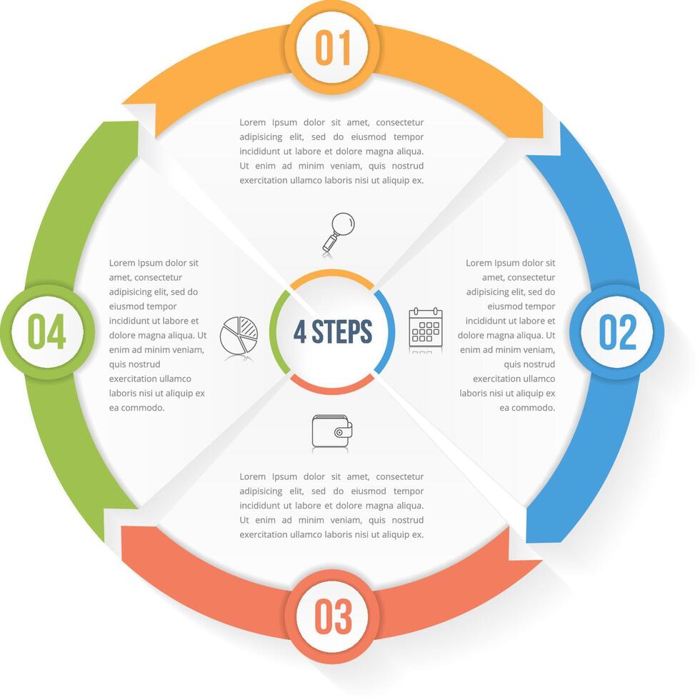 Circle infographic template with four elements, steps or options, workflow or process diagram, data vizualization vector