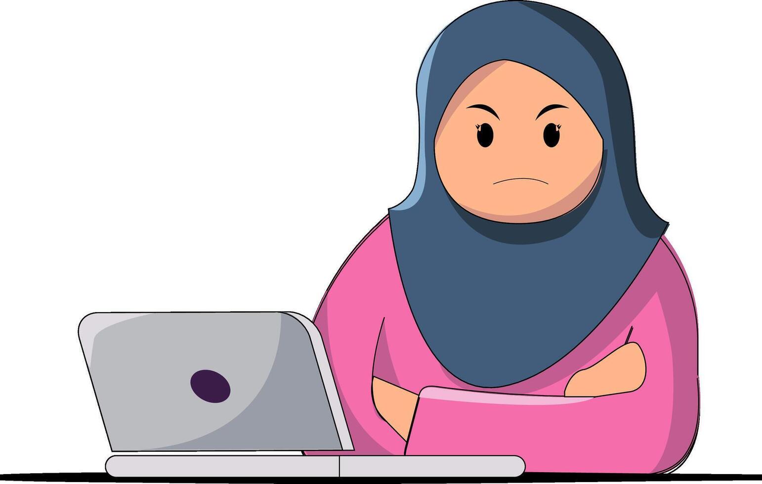 A cartoon woman in a hijab sitting at a laptop vector