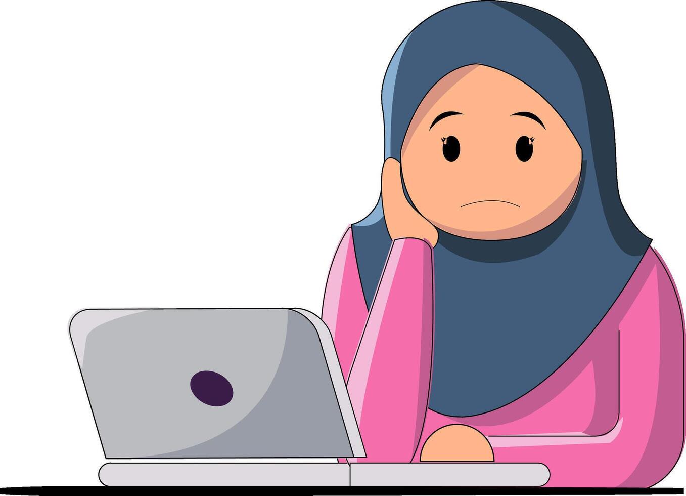 A cartoon woman in a hijab sitting at a laptop vector