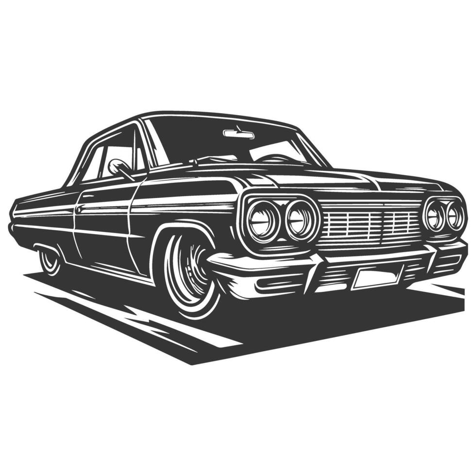 An old car is shown in black and white vector