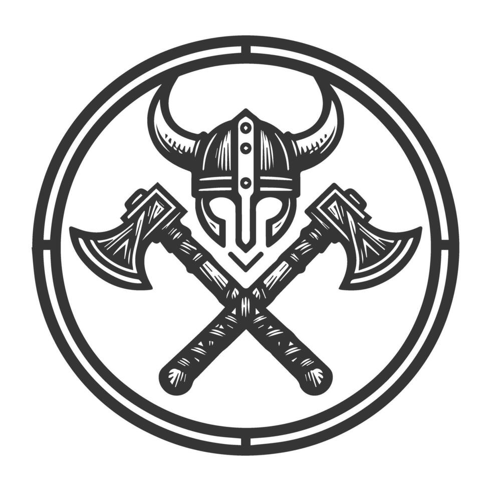 Viking helmet and axes in a circle vector