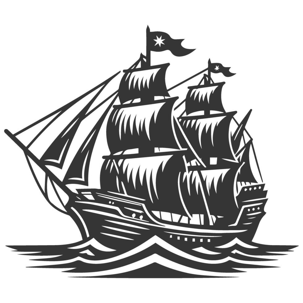 A black and white illustration of a pirate ship vector