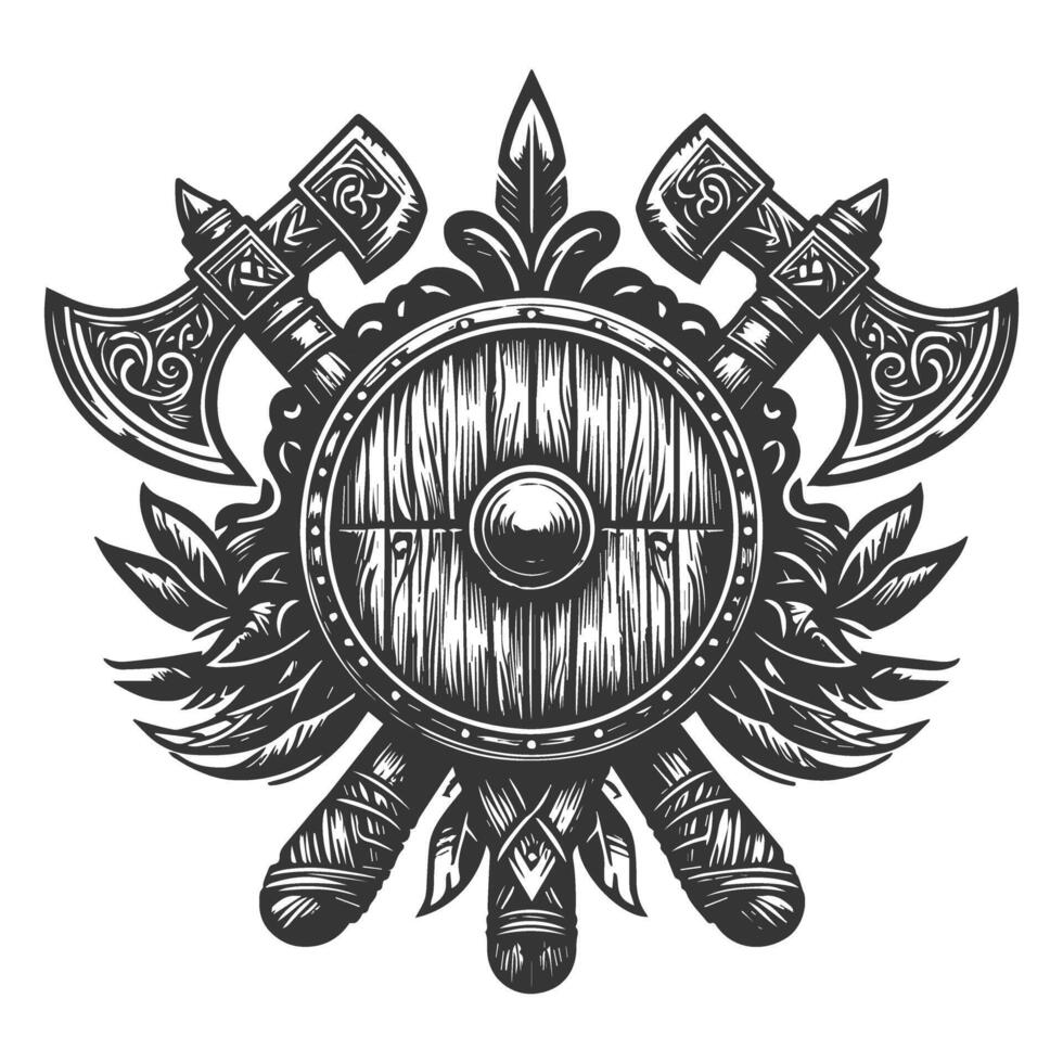 Viking shield with axes and swords in a wood engraving style vector