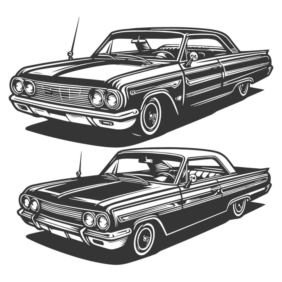 Two classic cars in black and white on a white background vector