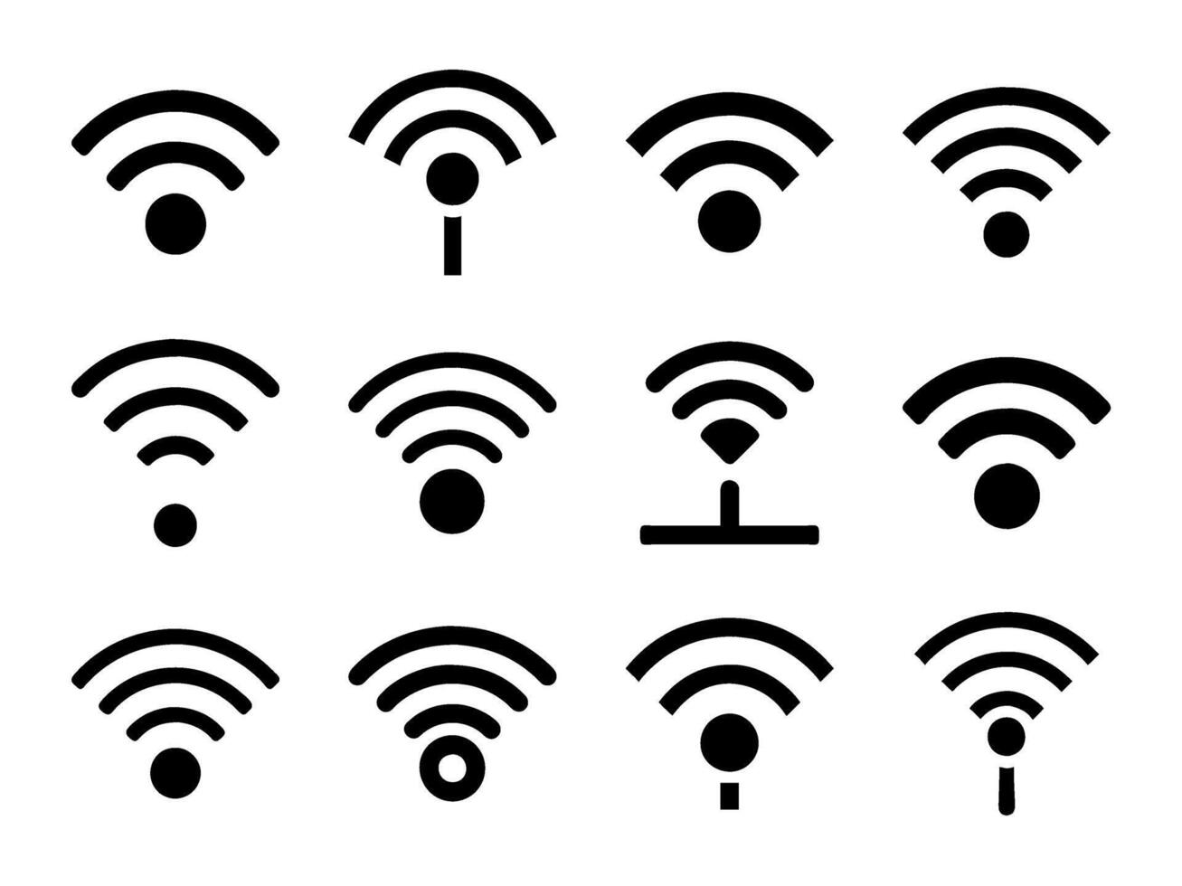 Wi-Fi icon set symbolizing wireless network access. Ideal for remote internet, connectivity, and network-related designs. Simple illustrations for apps and business use. vector