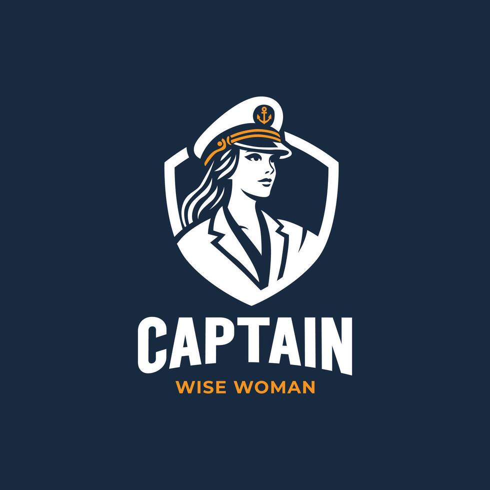 A bold and empowering logo featuring a female captain in a naval-style hat, surrounded by a shield emblem. Captain Navigation emphasizing strength, leadership, and wisdom. vector