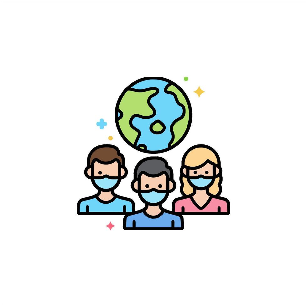 People wearing masks and holding a globe icon vector