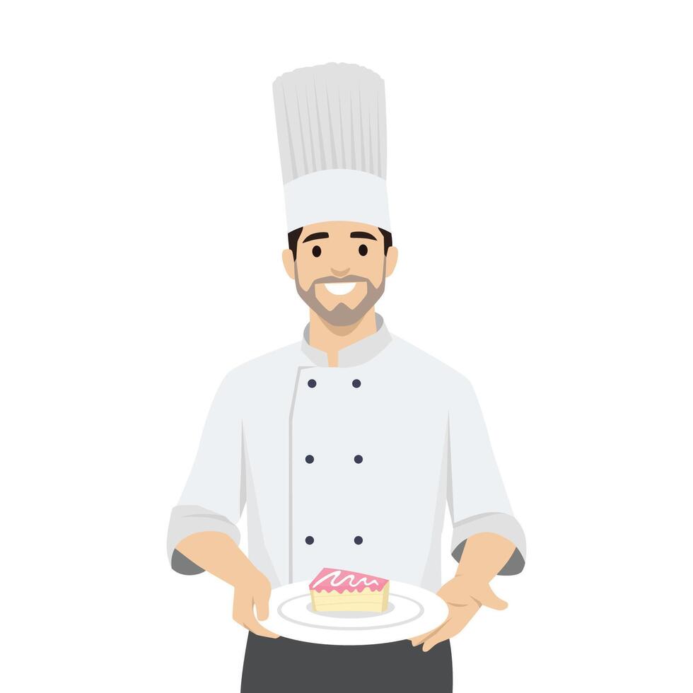 Young baker holding a tray with a slice of cake. vector