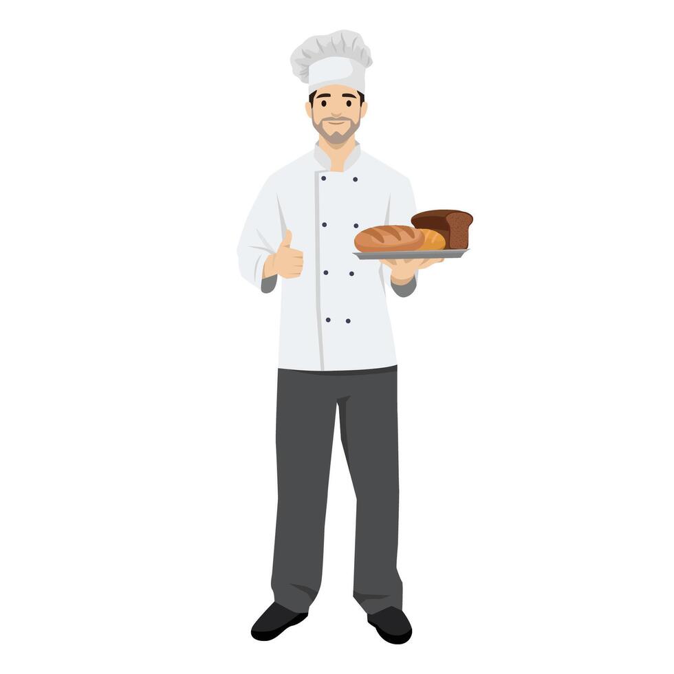 Young man baker holding a tray with buns, different bread, cakes. vector