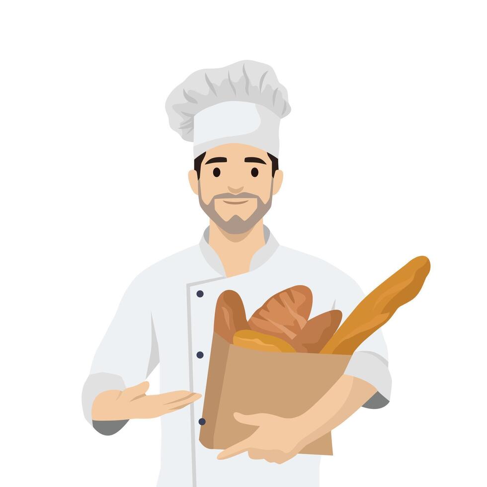 Young happy baker with bread and shopping bag. vector