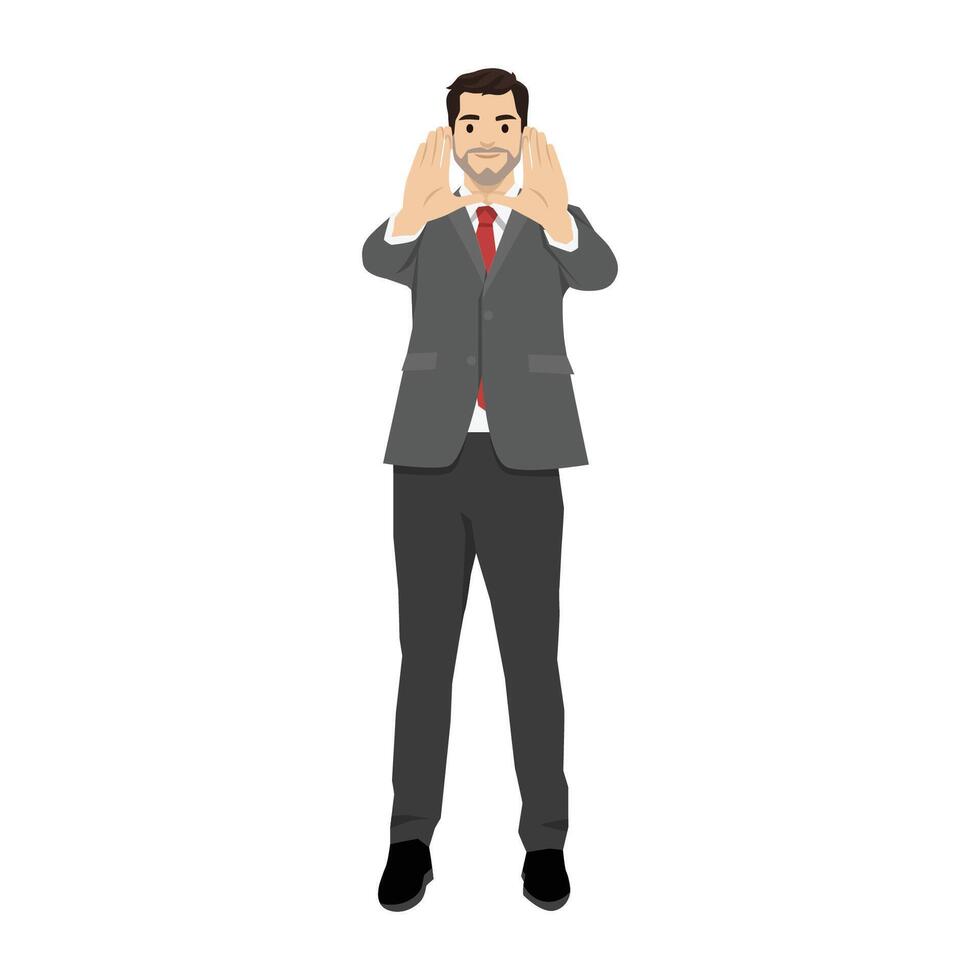 Young business producer and selfie with perspective for creative vision making hand frame sign. vector