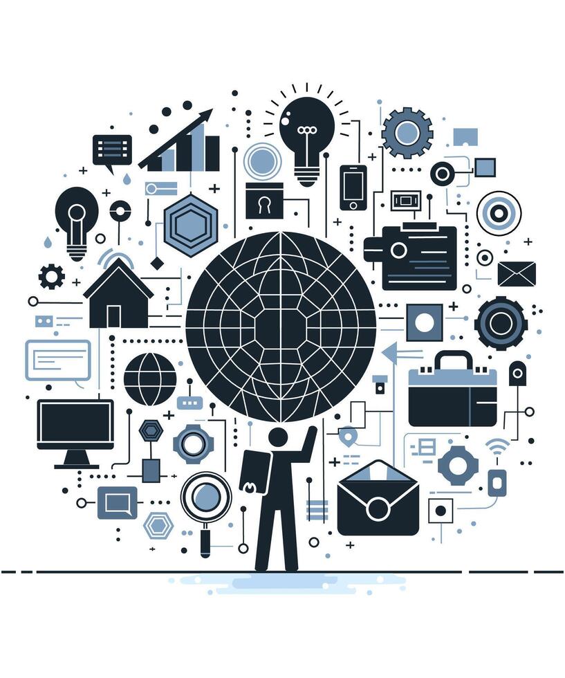 Illustration of a digital ecosystem A graphic representing interconnected technology, data, and communication networks, highlighting the flow and organization of information vector