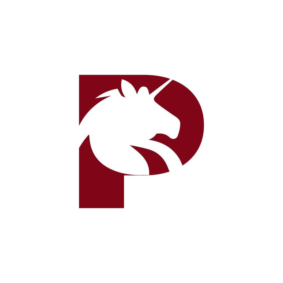 A unique and eye-catching logo design featuring a white unicorn silhouette creatively integrated into a red letter P. Perfect for branding, representing magic, creativity, or fantasy themes. vector