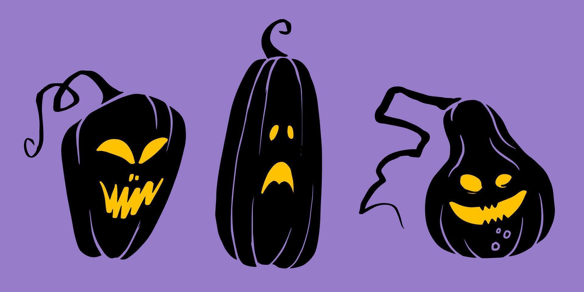 trio of abstract jack-o'-lanterns with glowing yellow faces against a purple background, designed for spooky-themed invitations, festive decor, or Halloween party decorations. vector