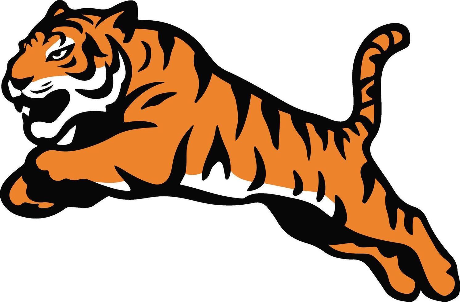 A vibrant and eye-catching silhouette of a tiger in a playful pose, leaping forward with its mouth open in a roar vector