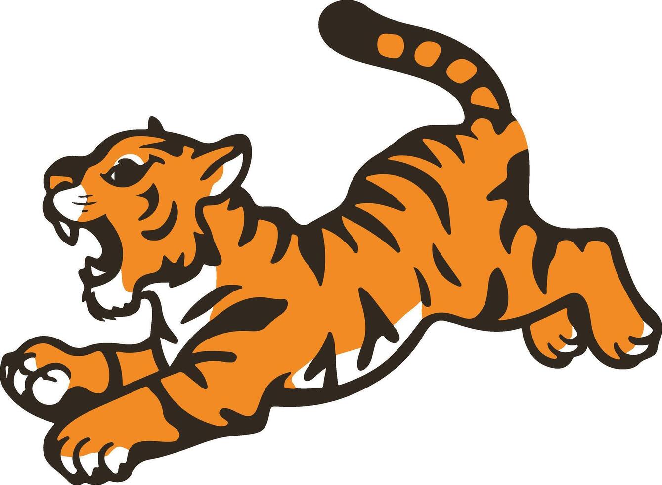 A vibrant and eye-catching silhouette of a tiger in a playful pose, leaping forward with its mouth open in a roar vector