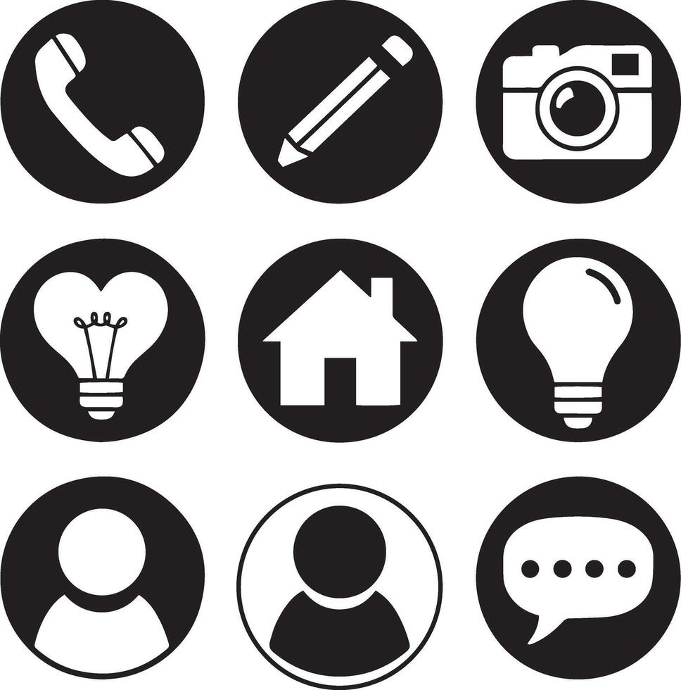 A illustration of a set of 9 contact symbols in a silhouette style vector