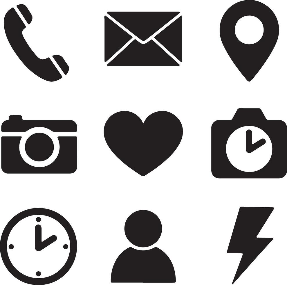 The elements include a phone, a mail, a location pin, a camera, a heart, a star, a clock, a user profile silhouette, and a lightning bolt. Less vector